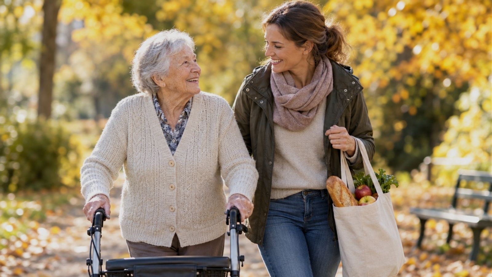 Ältere Frau mit Rollator geht mit einer Alltagsbegleiterin durch einen herbstlichen Park, Symbolbild zum geplanten Wegfall des Entlastungsbetrags bei Pflegegrad 1