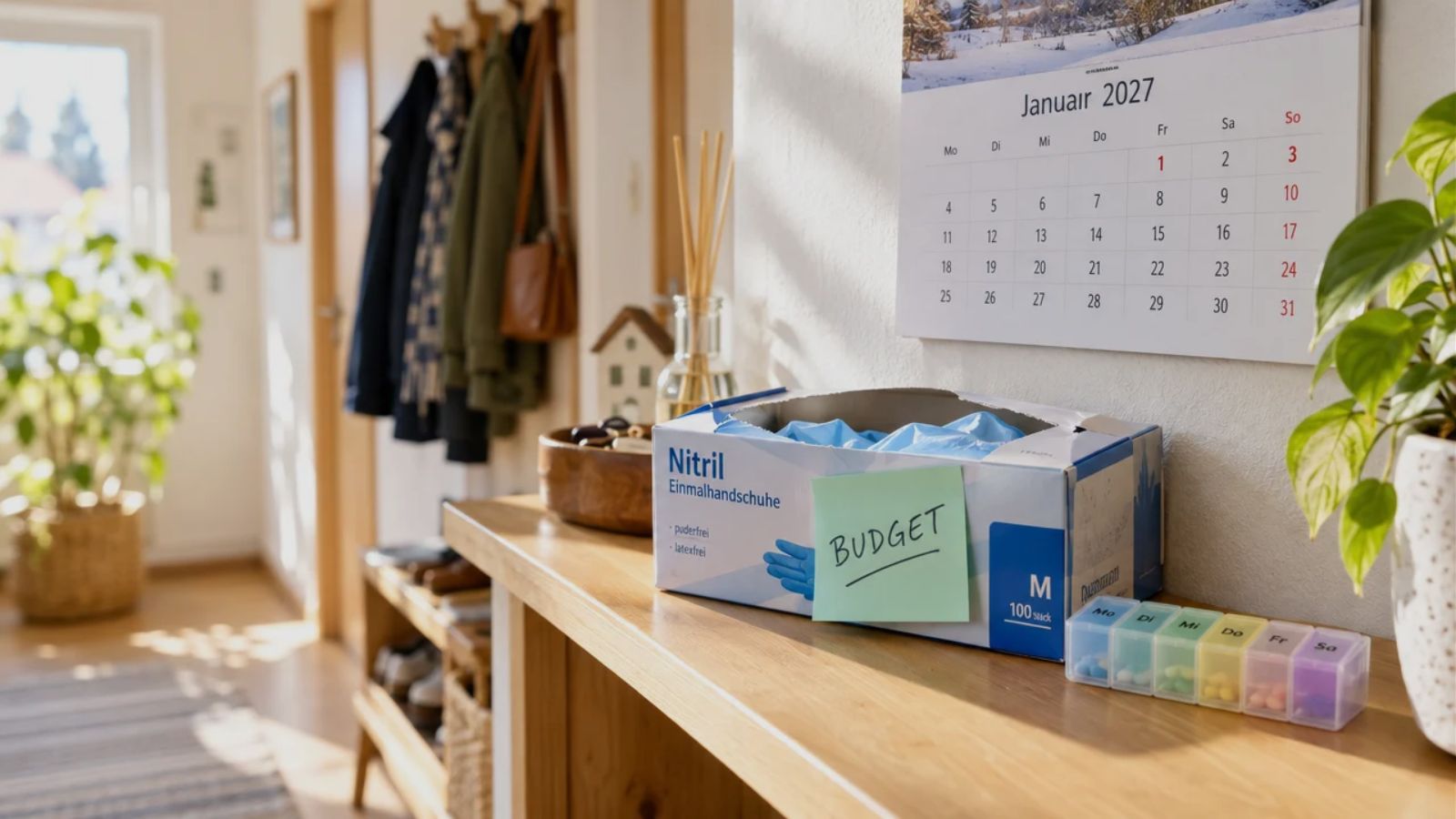Box mit Einmalhandschuhen und Haftnotiz „BUDGET“ vor einem Wandkalender mit Januar 2027 – Symbolbild für das geplante Entlastungsbudget beim Pflegegeld