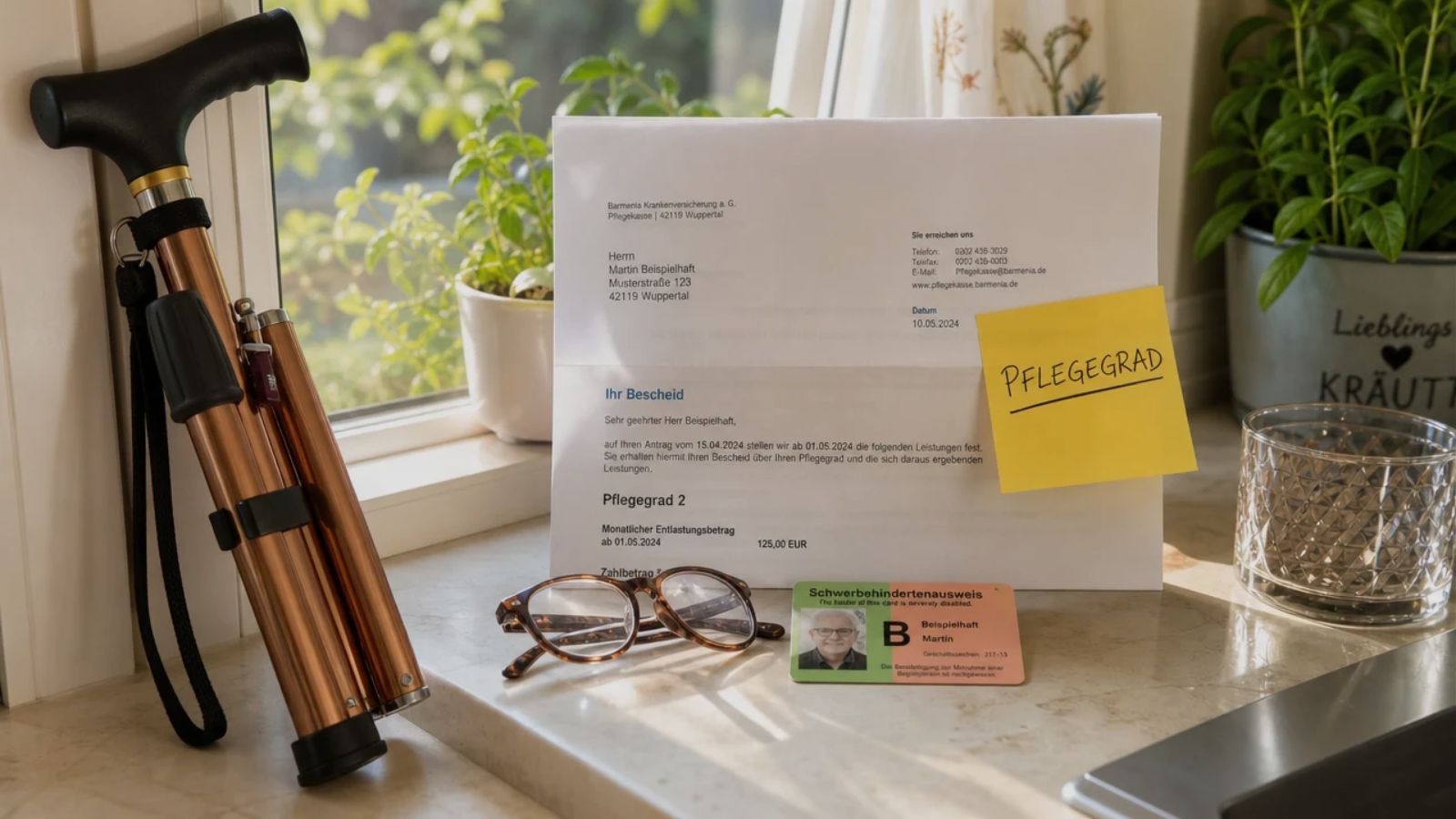 Schwerbehindertenausweis neben einem Bescheid der Pflegekasse auf einer Fensterbank, darauf ein gelber Haftzettel mit dem Wort „Pflegegrad“
