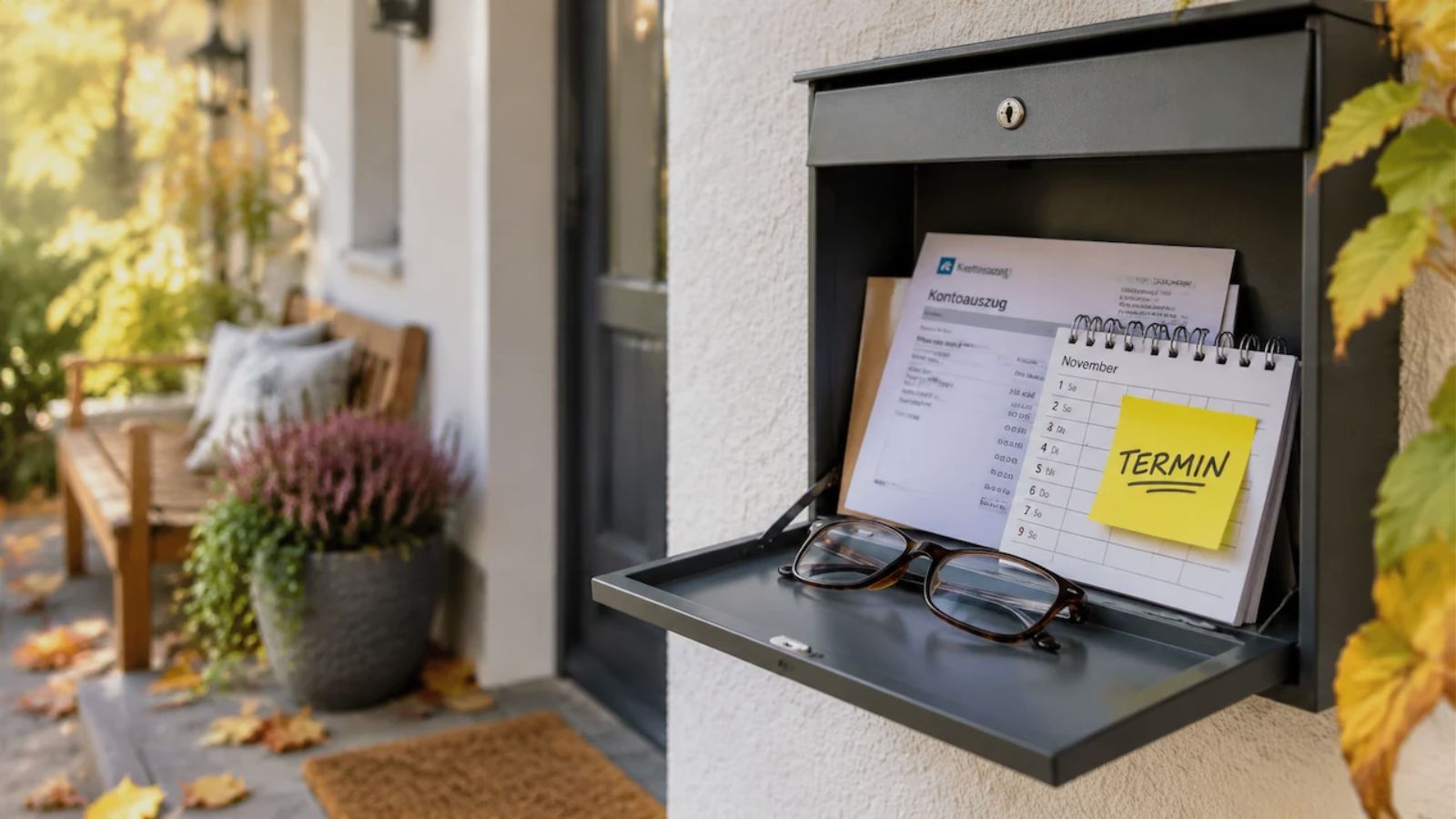 Geöffneter Hausbriefkasten mit Kontoauszug und Kalender, auf einem gelben Haftzettel steht „TERMIN“, symbolisch für die Pflegegeld-Auszahlung im November 2026
