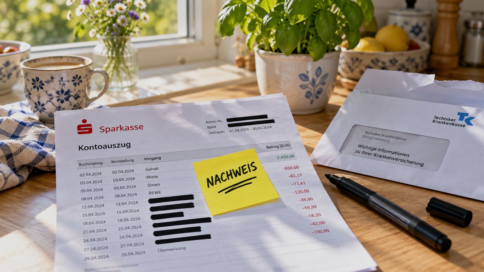 Teilweise geschwärzter Kontoauszug mit gelbem Haftzettel „NACHWEIS“ neben einem geöffneten Brief der Pflegekasse auf einer sonnigen Fensterbank
