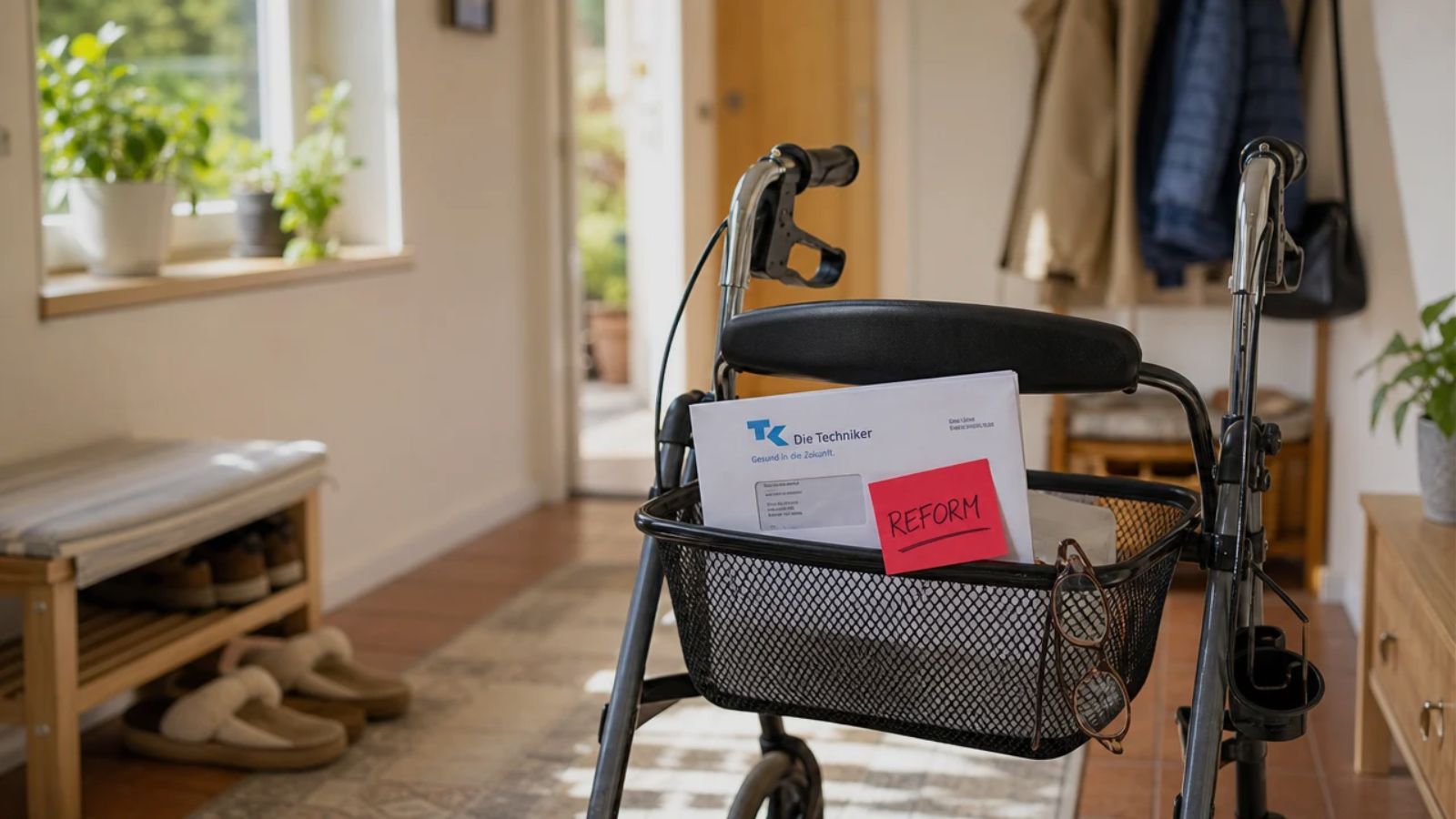 Rollator im sonnigen Hausflur mit Brief der Pflegekasse und rotem Notizzettel mit der Aufschrift Reform im Korb