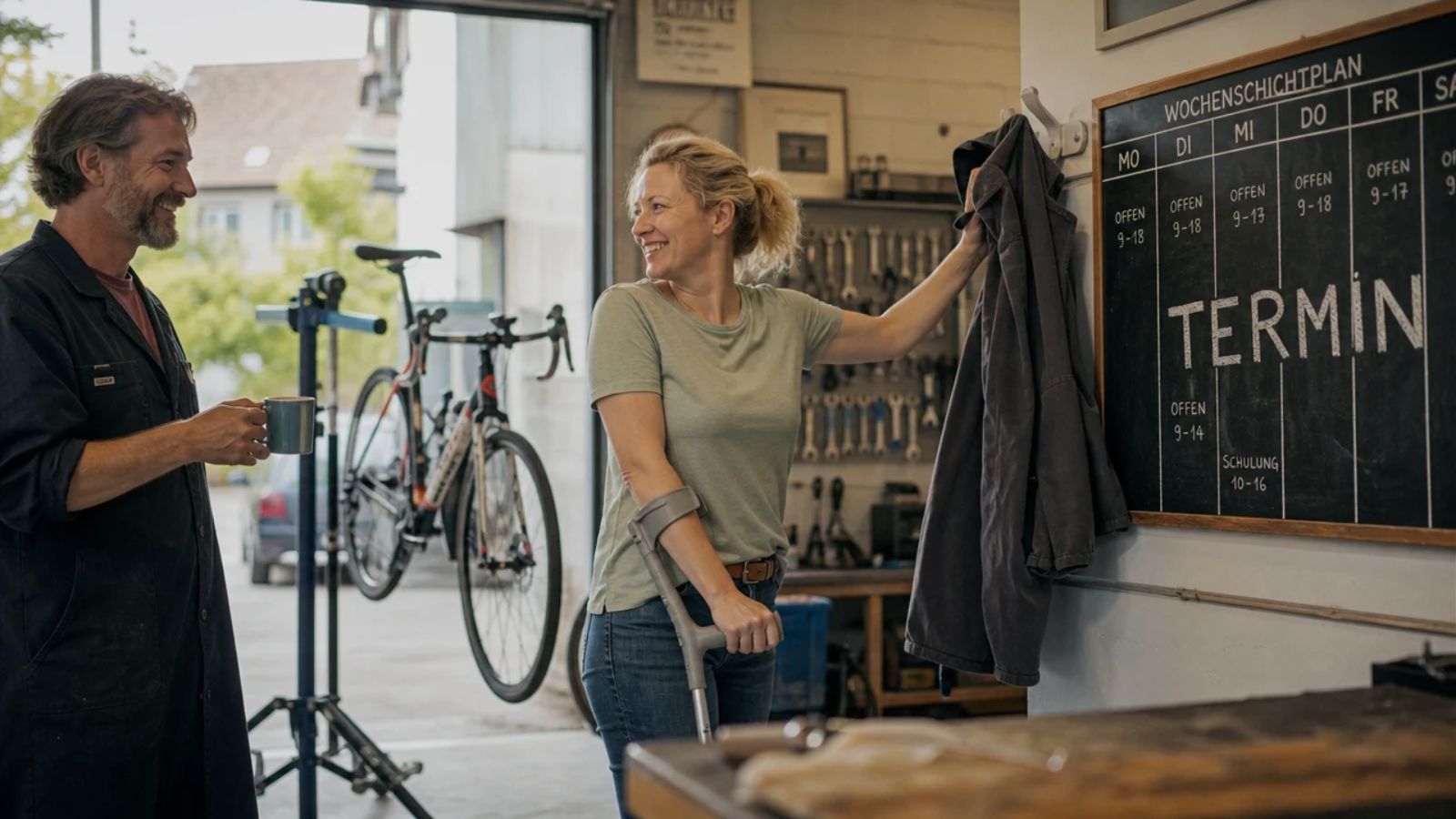 Frau mit Unterarmgehstütze kommt morgens zur Arbeit in eine Fahrradwerkstatt, an der Wand hängt eine Kreidetafel mit dem Wort „TERMIN“.