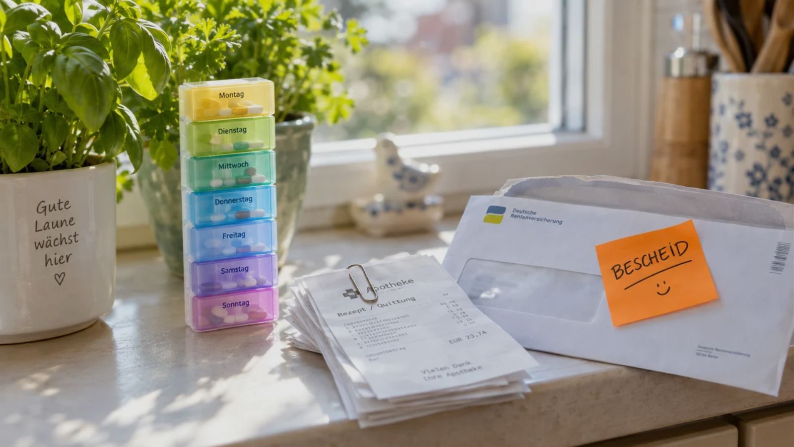 Wochendosierer mit Tabletten auf einer Fensterbank neben gesammelten Apothekenquittungen und einem Brief mit Notizzettel „Bescheid“ zur Zuzahlungsbefreiung für chronisch Kranke 2027